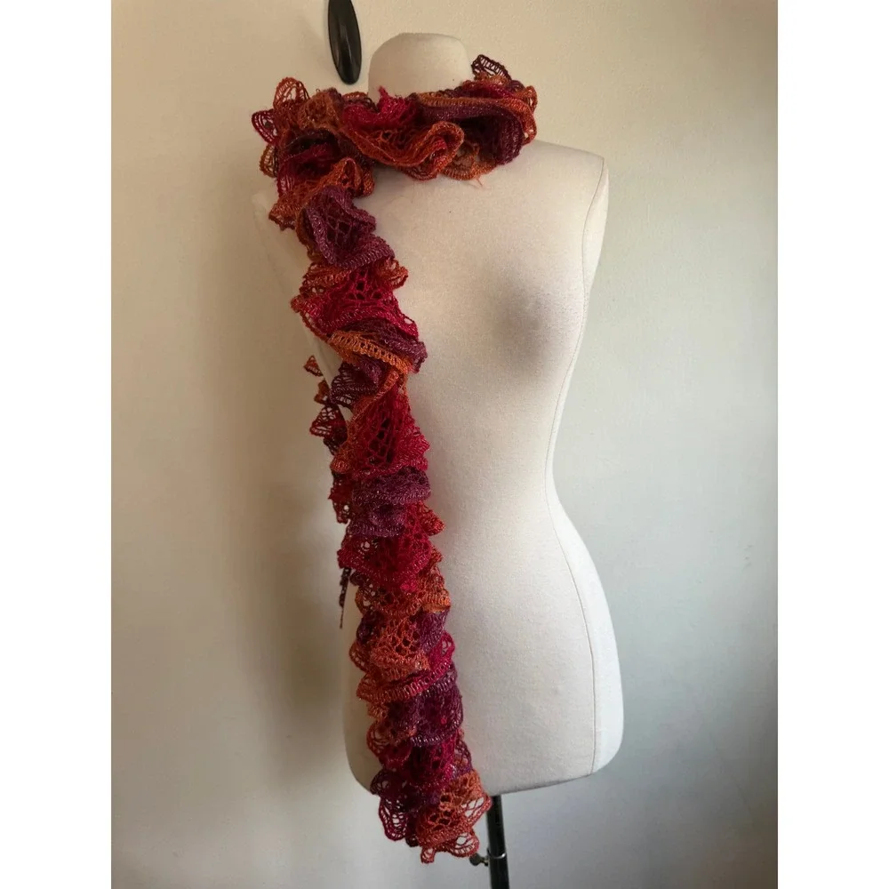 Handmade Crochet Ruffle Scarf Sunset Red Orange Metallic Shimmer Whimsigoth Boho